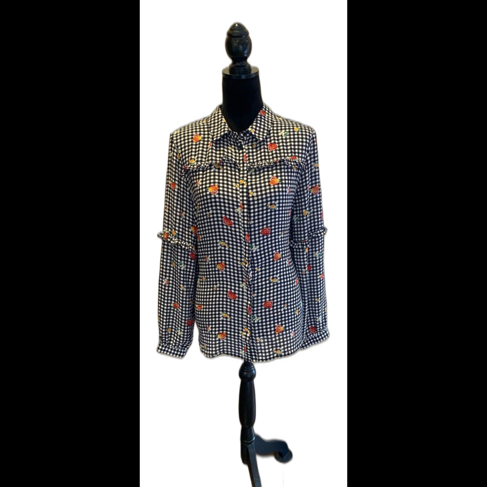Zac & Rachel Button Down‎ Blouse Collared Top Size XL Black White Checked Floral